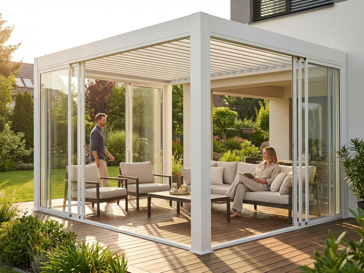 Aluminium pergola gazebo with tempered glass sliding doors in white - view 3