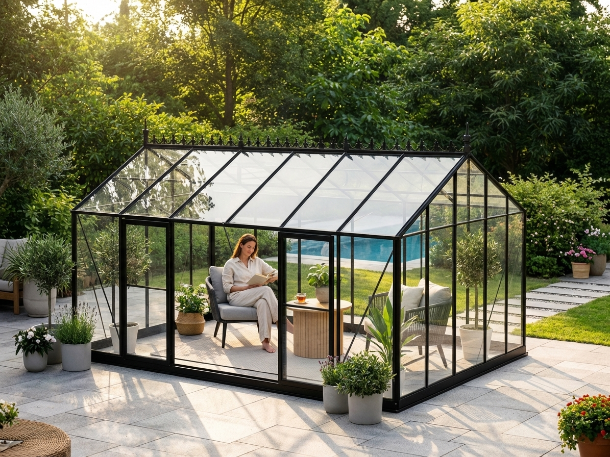 Glass orangery greenhouse 16.5 m² black aluminium frame - view 3