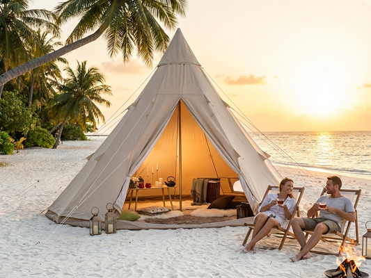 Luxury glamping tent in sand colour, 5x5 meters, cotton canvas material