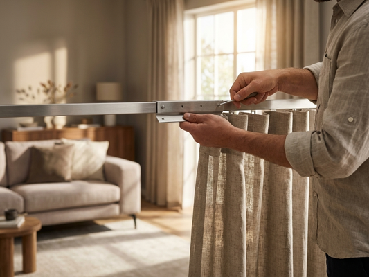 Grey curtain rail connector made from powder coated steel