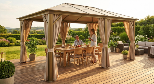 Elegant brass gazebo with curtains and mosquito net - product detail
