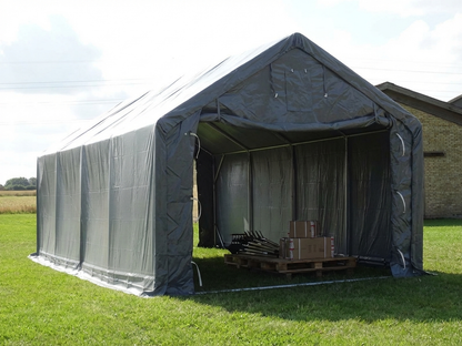 Grey PVC storage shelter for outdoor use with steel frame
