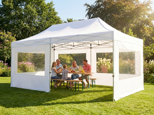 White pop-up gazebo with steel frame, ideal for outdoor events