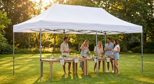 White pop up gazebo with steel frame for outdoor events