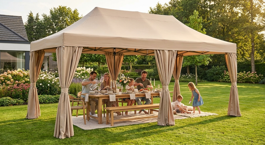 Pop up gazebo with steel frame in latte colour for outdoor events