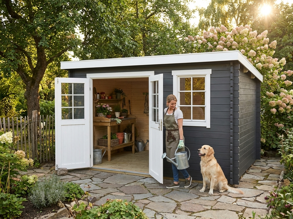 Wooden shed in dark grey, Nordic Spruce, 3.8x2.75x2.11m