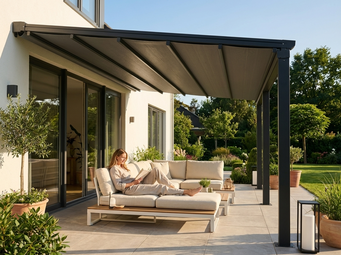 Patio cover in black and dark grey with aluminium frame - view 3