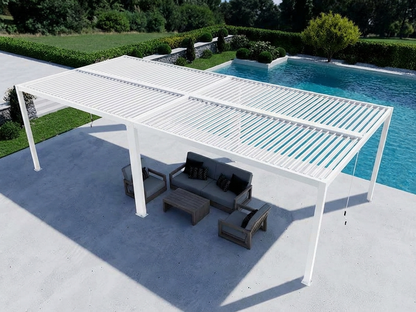 Sleek white bioclimatic pergola gazebo in aluminium for outdoor use