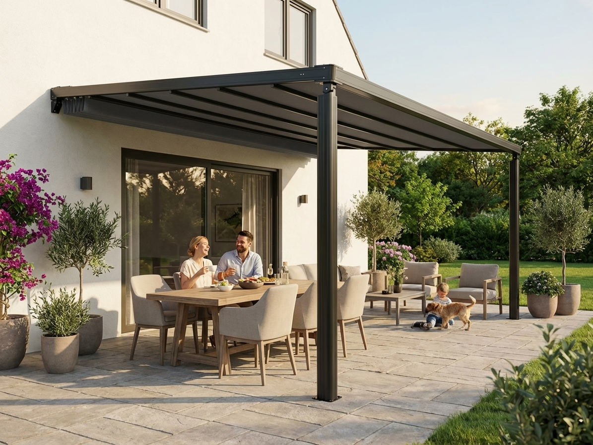 Patio cover in black and dark grey with aluminium frame