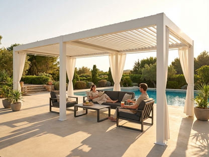 Sleek white bioclimatic pergola gazebo in aluminium for outdoor use - view 3