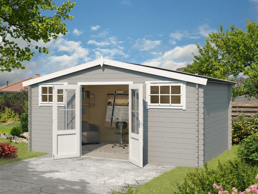 Wooden shed in light grey, 4.8x2.92m, made from Nordic Spruce